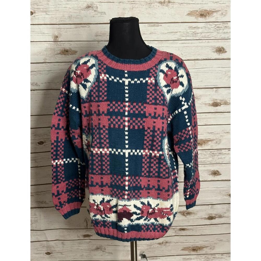 Vintage Paris Sport Club Hand Knit ramie/cotton floral plaid sweater Size Small